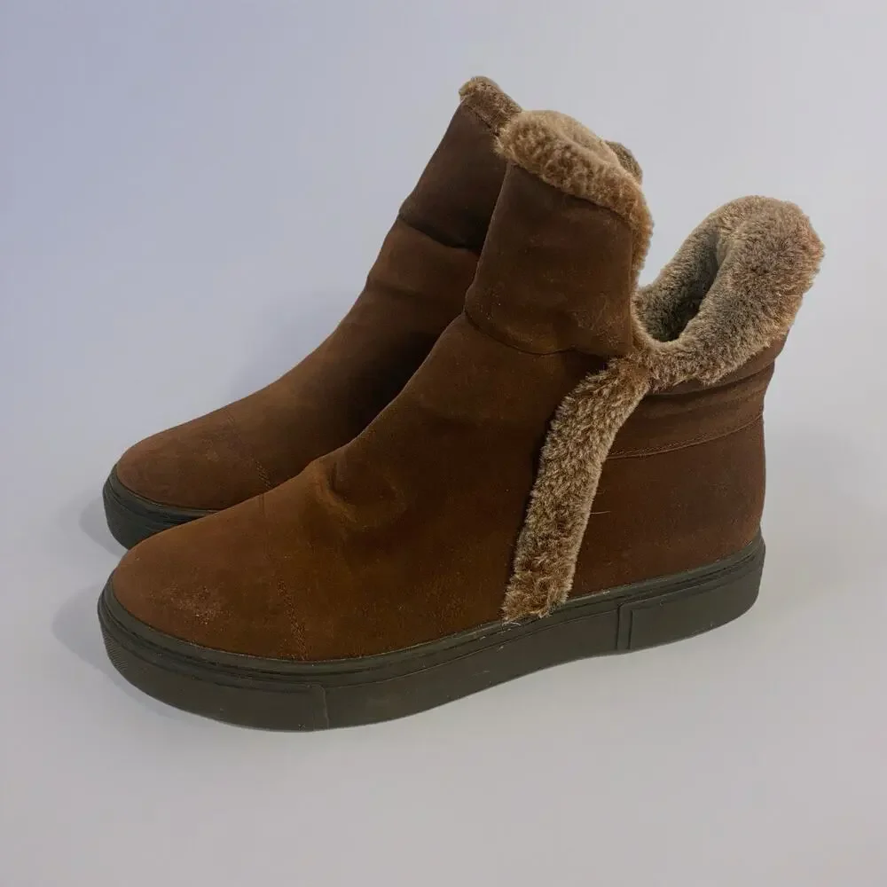 Naturalizer Brown Suede Women 8.5M Boots Shearling Ankle Soft Warm Side Zip